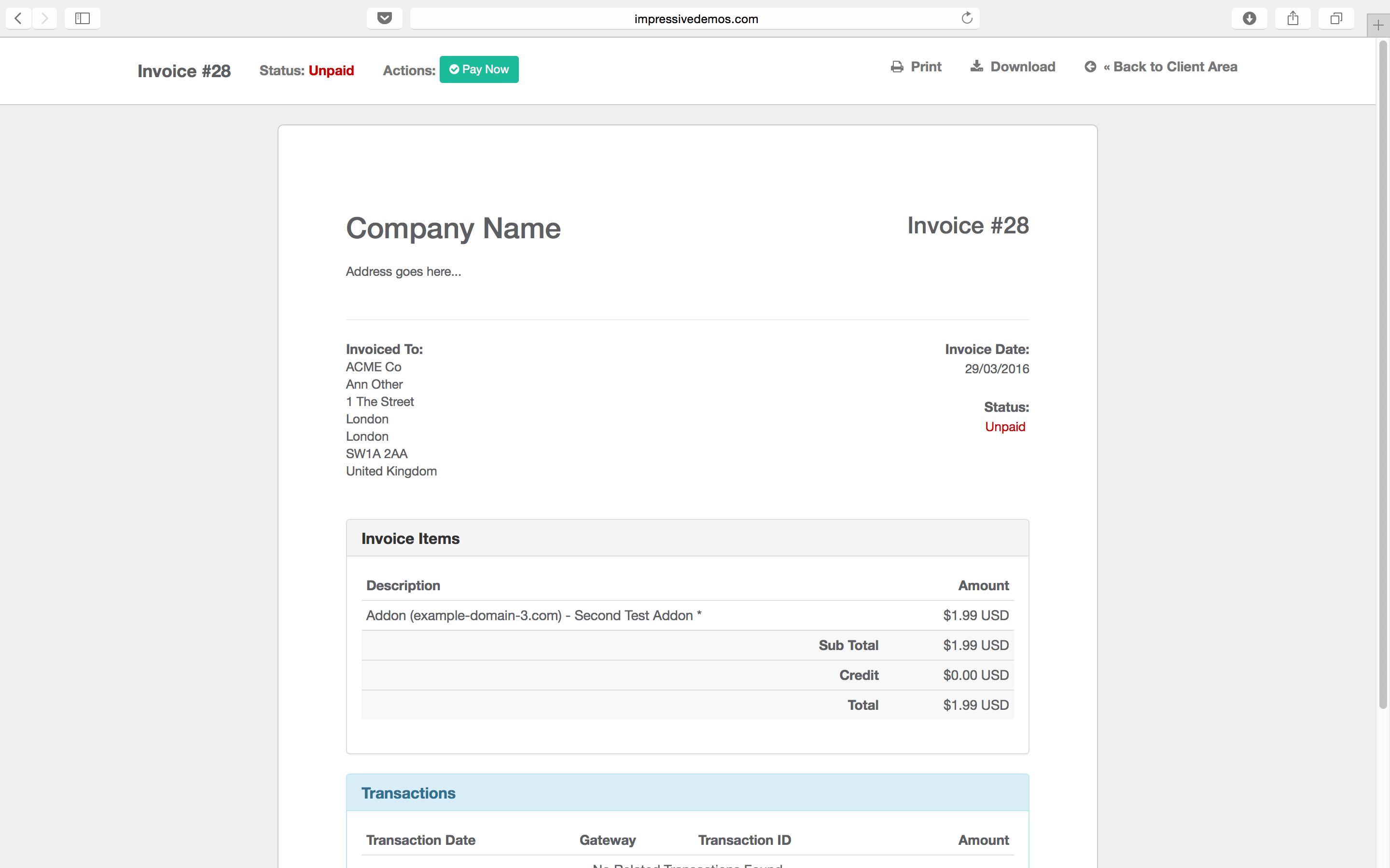 Simplicity Theme Invoice Template